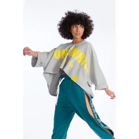 VDR Viadellerose Melange 3/4 Sleeve Crop Sweatshirt Gray/Yellow Women's OS - Picture 2 of 7